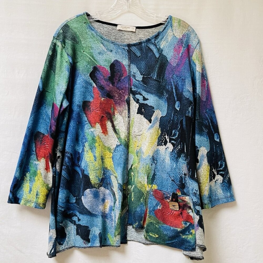 Jess And Jane Poppy Blouse Womens Small Floral USA Made Boho Lagenlook Whimsy